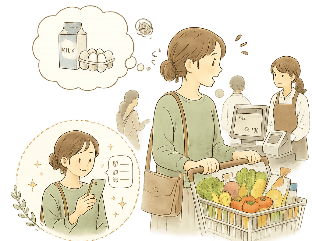 買い物メモを確認しながら商品を選ぶ人のイラスト